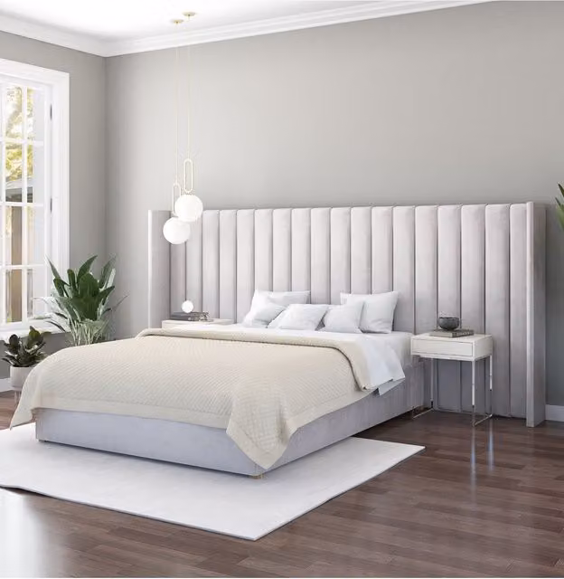 Aspire Grandeur Upholstered Panel Headboard in Navy Blue and Light Grey Velvet Fabric