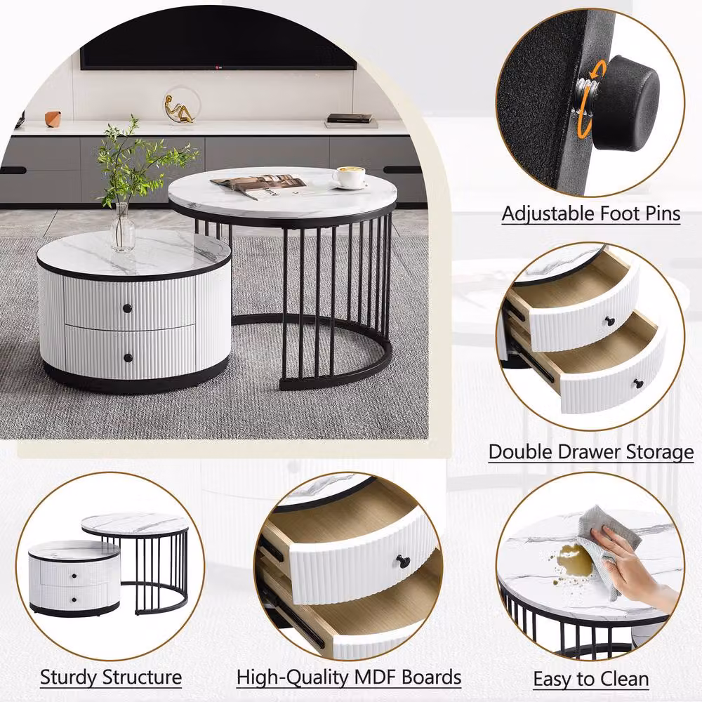 Matteo Modern Round Nesting Coffee Table Set with Marble Top and 2 Drawers in White and Black – 2
