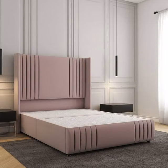 Regional Furnishings Super King Divan Bed with 54 inch Plush Velvet Headboard and Footboard in Pink, W/D/H: 200 x 160 x 130 cm