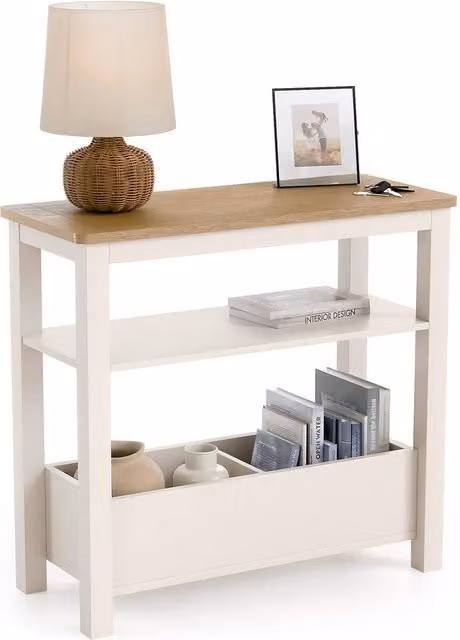 Christow Slim Console Table with Oak Effect Top Shelf and Storage in Cream, W: 60 cm, H: 65 cm, D: 28 cm
