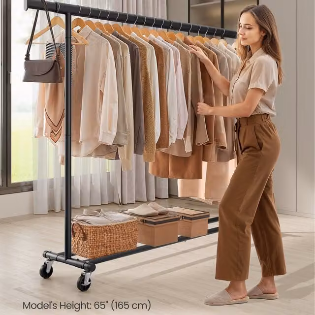 SONGMICS Heavy Duty Clothes Rack on Wheels with Extendable Rail, Black