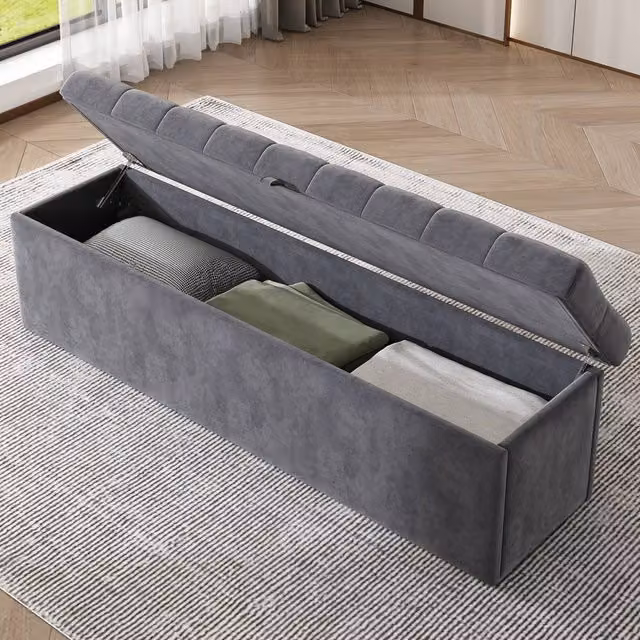 BTM Grey Velvet Upholstered Storage Bench Bed Stool