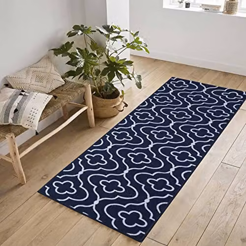 Desire Rugs Quatrefoil Non-Slip Washable Indoor Runner Mat, Blue, W: 80 cm, L: 300 cm