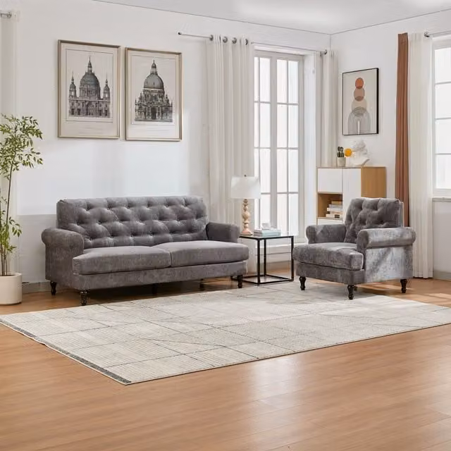 FURNITURE ONE Grey Velvet Tufted Chesterfield Sofa Set with 2-Seater and 3-Seater Sectional Couch Suite