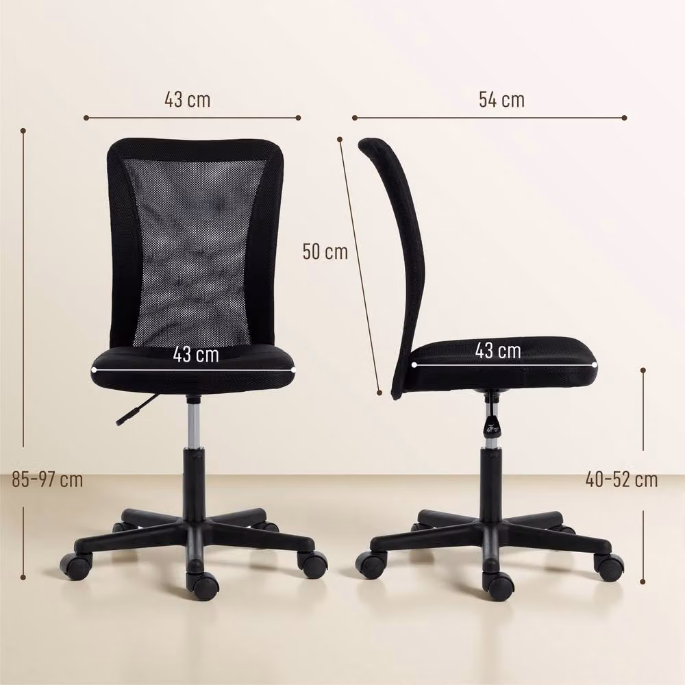VINSETTO Black Fabric Armless Swivel Office Task Chair with Adjustable Height and Castors – 3