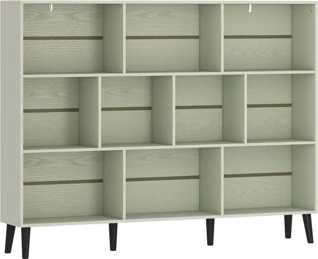 HOMCOM 10-Cube Modern 3-Tier Bookcase with Solid Wood Legs in Light Green, H 140 cm – 1