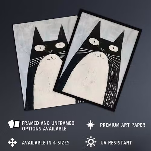Artery8 Tuxedo Cat Framed Wall Art Print, Black and White, W: 21.0 x H: 29.7 cm – 2