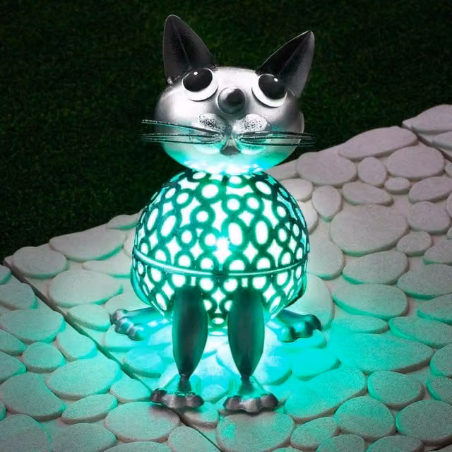 Globrite Metal Cat Solar Garden Ornament with Multicolour Changing LED Light