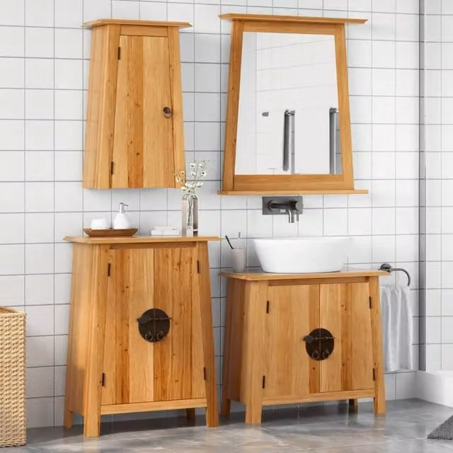 Berkfield Home 4 Piece Rustic Brown Solid Pine Bathroom Furniture Set – 1