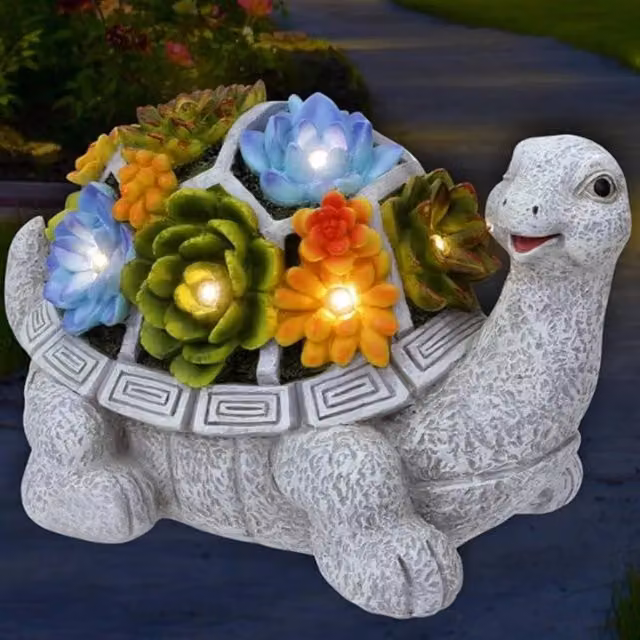EONLION Grey Stone Turtle Garden Statue with Multicolour LED Lights
