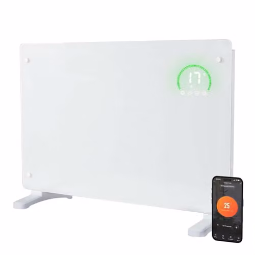 Spector Ultra-Thin Smart Electric Glass Panel Heater, 2000W, White, WiFi and App Control, Wall Mounted or Freestanding with Timer and Frost Protection, Depth: 6.5 cm