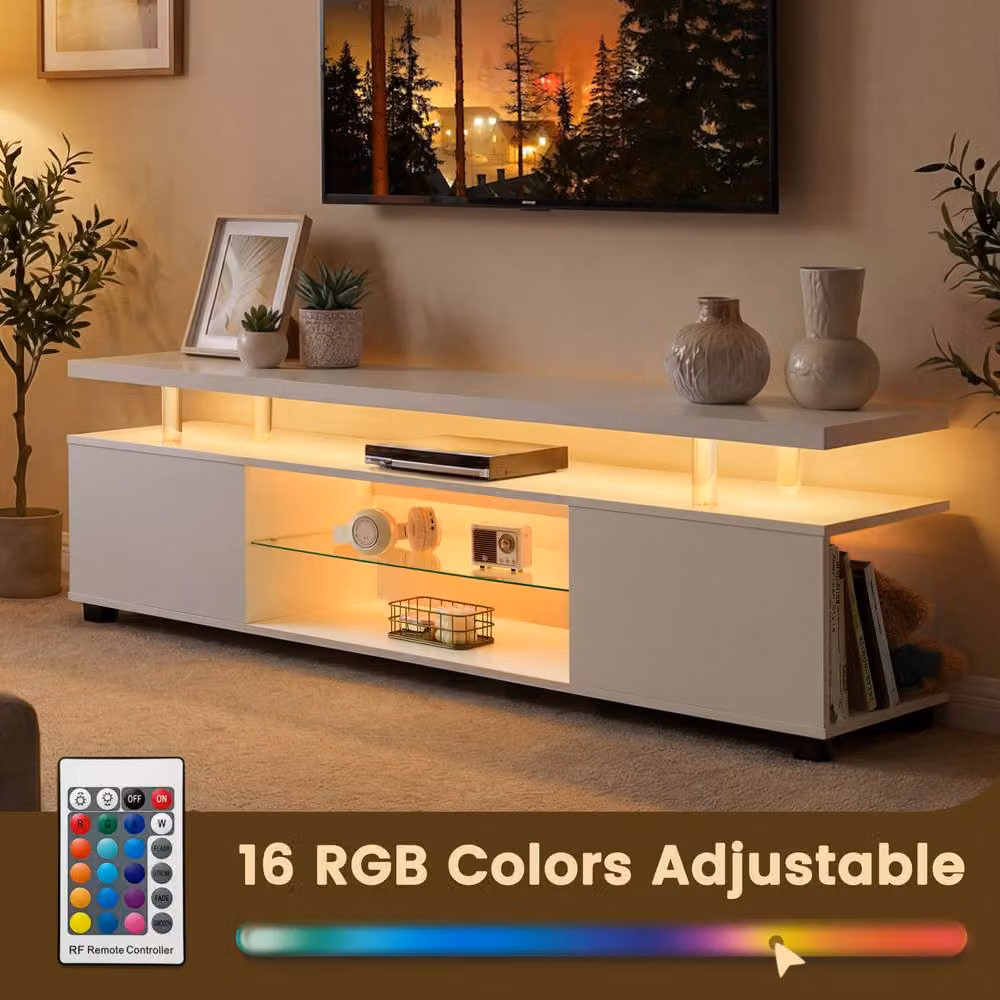 STILVORA Modern Glossy White TV Stand with LED Lights and 3 Hidden Storage Spaces – 2