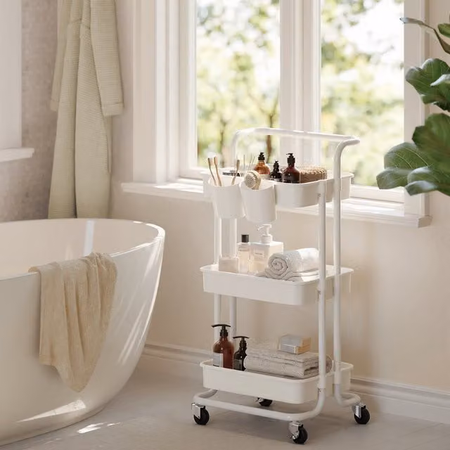 SONGMICS 3 Tier Mobile Storage Trolley with Handle and Plastic Baskets, White