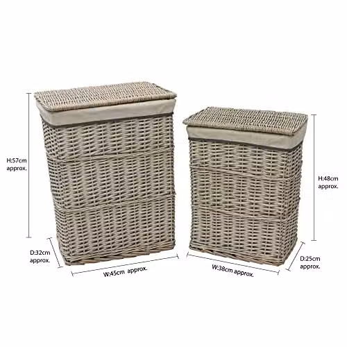 JVL Arianna Set of 4 Rectangular Willow Baskets including 2 Laundry Baskets with Lids and 2 Waste Paper Bins in Grey and Beige – 1