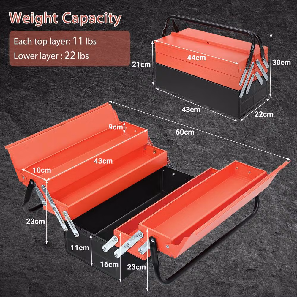 Dprodo Multi-Function Metal Cantilever Folding Tool Box with Inserts, Red, W: 60 cm – 2