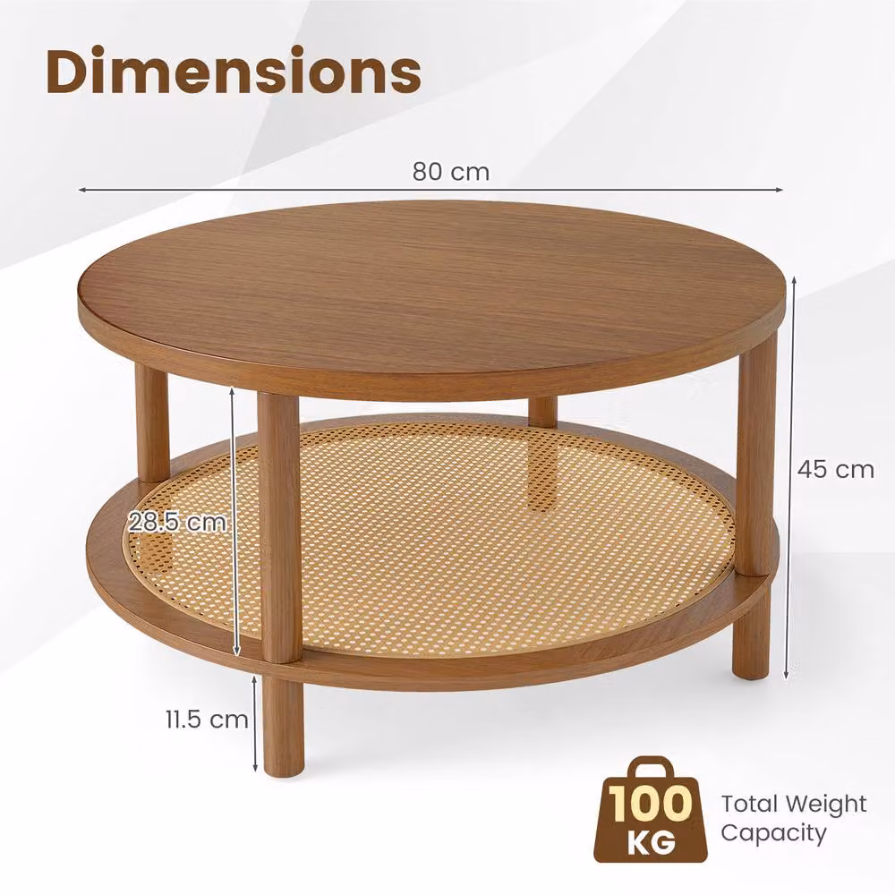 Costway 2-Tier Round Rattan Coffee Table with Rubberwood Top in Brown – 2