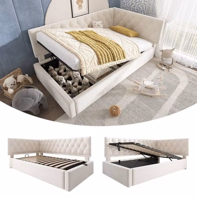 BTM Velvet Sofa Bed with Hydraulic Storage and Metal Frame, Beige, W/D/H: 90 x 190 cm – 1