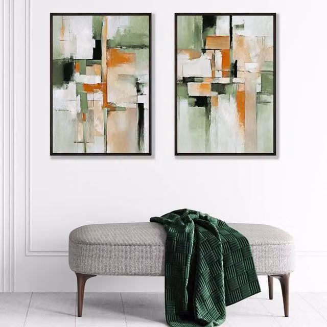 ARTZE Set of 2 Abstract Green and Orange Art Prints with Black Wood Frames, Size: A2 – 1