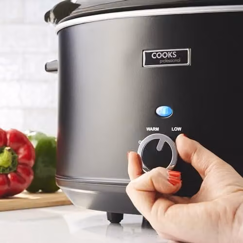 Cooks Professional Slow Cooker with Glass Lid and Keep Warm Function, 8 Litres, Black and Transparent – 3