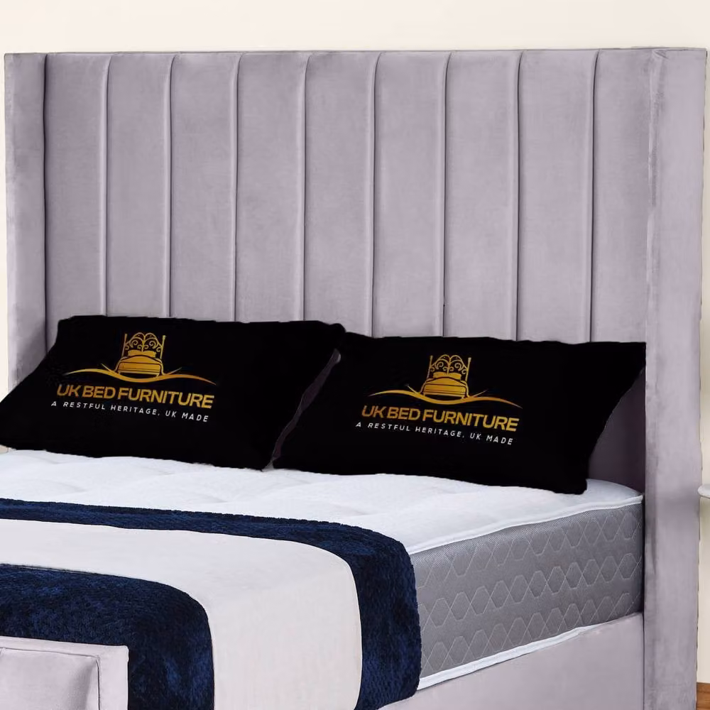UK Bed Furniture Empire Winged Gas Lift Ottoman Upholstered Velvet Bed in Silver, Size: Double (140 x 200 cm) – 2