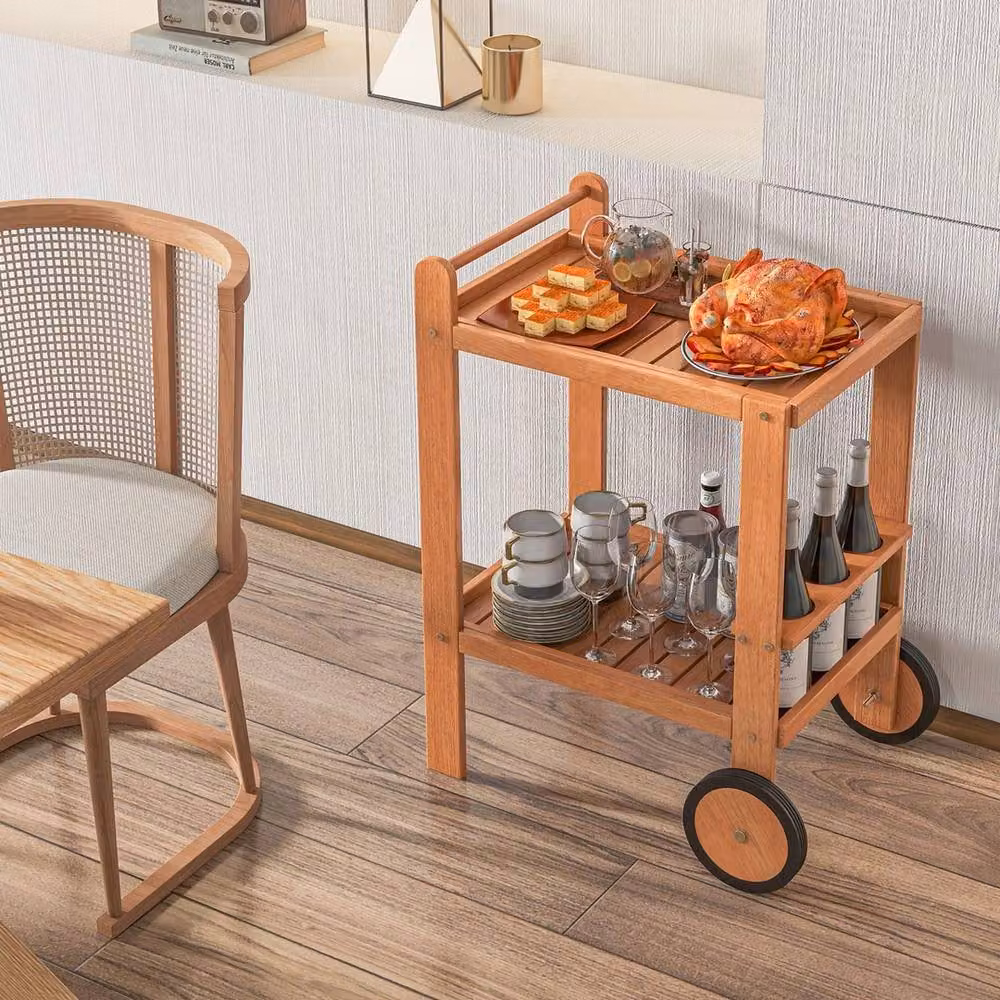 VOGREX Classic Oiled Wooden Beverage Bar Cart in Brown with Castors – 2