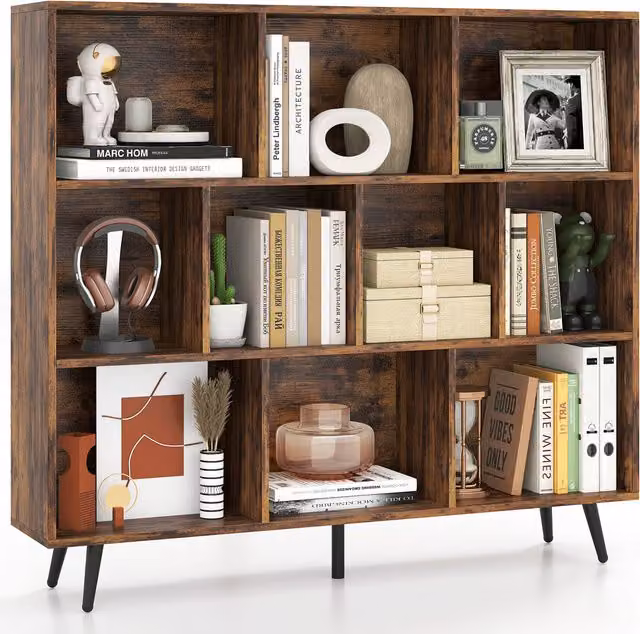 COSTWAY 10-Cube Mid-Century Freestanding Bookcase in Brown