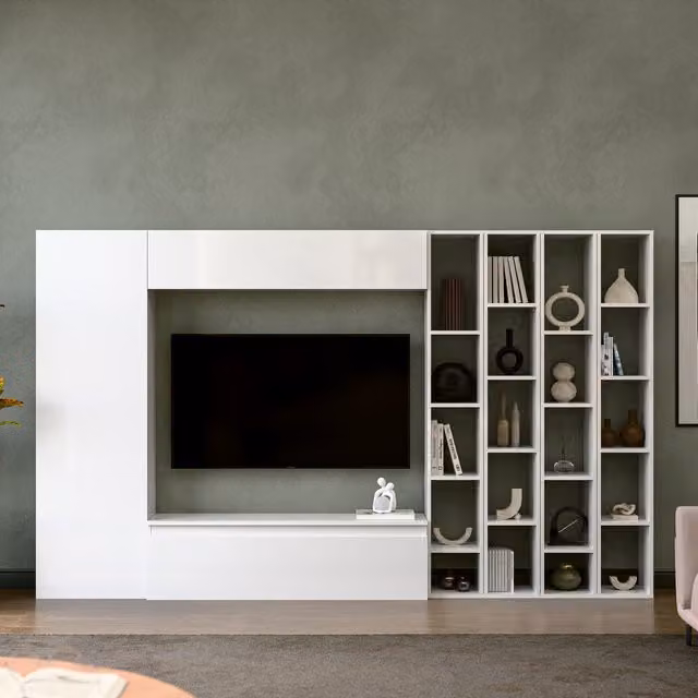 Decorotika Napoli Wall Mounted Entertainment Center with Open Shelves in High Gloss White