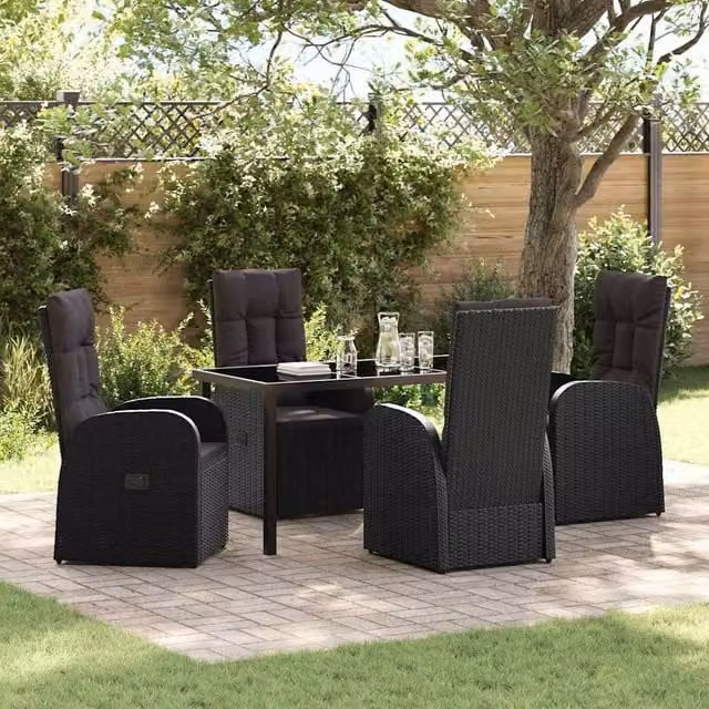 Berkfield Home 5-Piece Black Poly Rattan Garden Dining Set with Weather-Resistant Cushions and Glass Top – 1