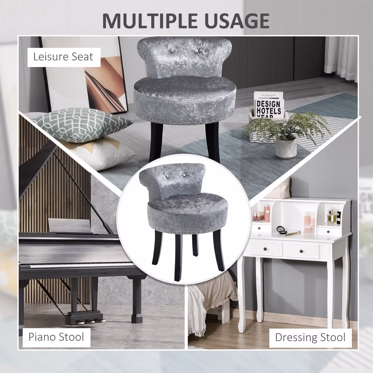 HOMCOM Grey Ice Velvet Dressing Table Stool with Rubberwood Legs – 4
