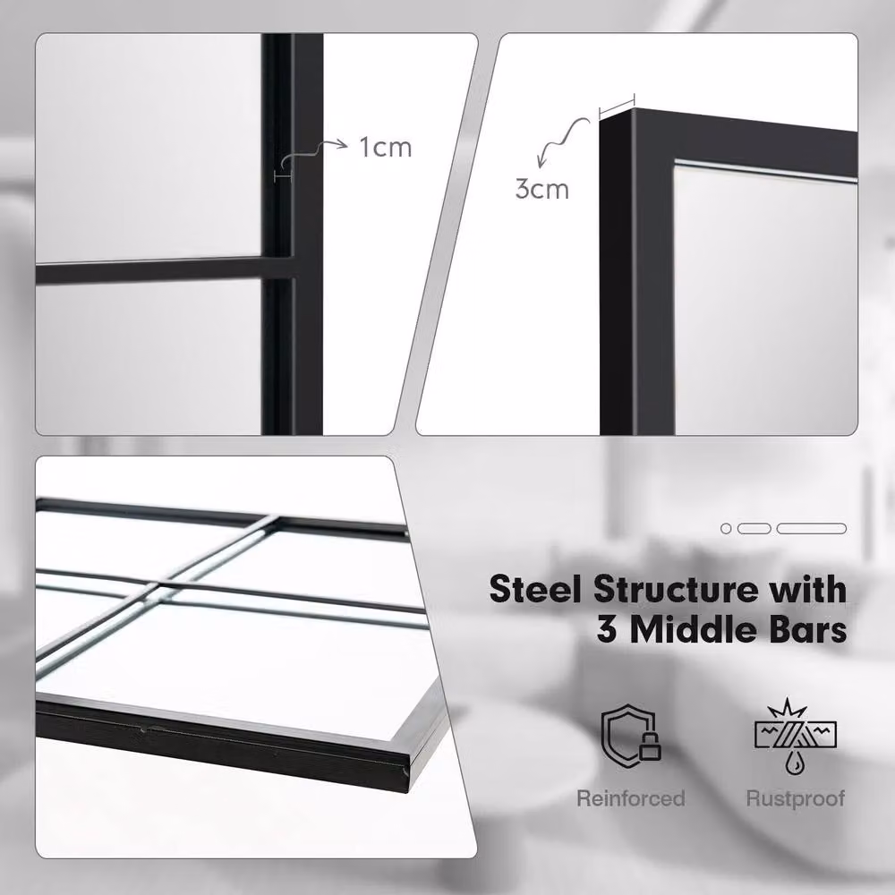 Gymax Modern Rectangular Windowpane Wall Mirror with Black Metal Frame – 5
