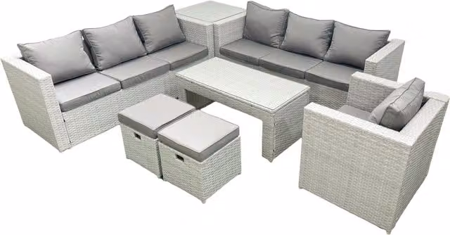 Fimous Wicker PE Rattan Garden Furniture Set in Light Grey with Oblong Coffee Table, Armchair, Two Footstools and Side Table