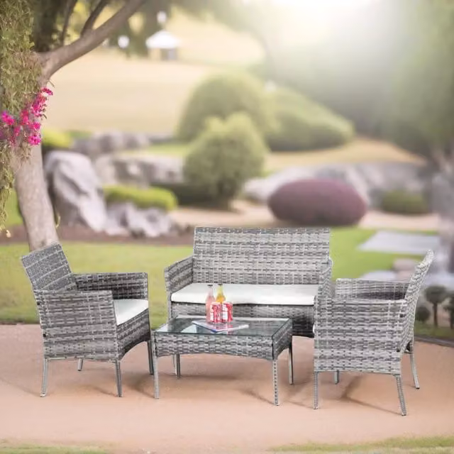 FURNOS Modern Black and Grey Wicker Garden Bistro Furniture Set with Glass Table