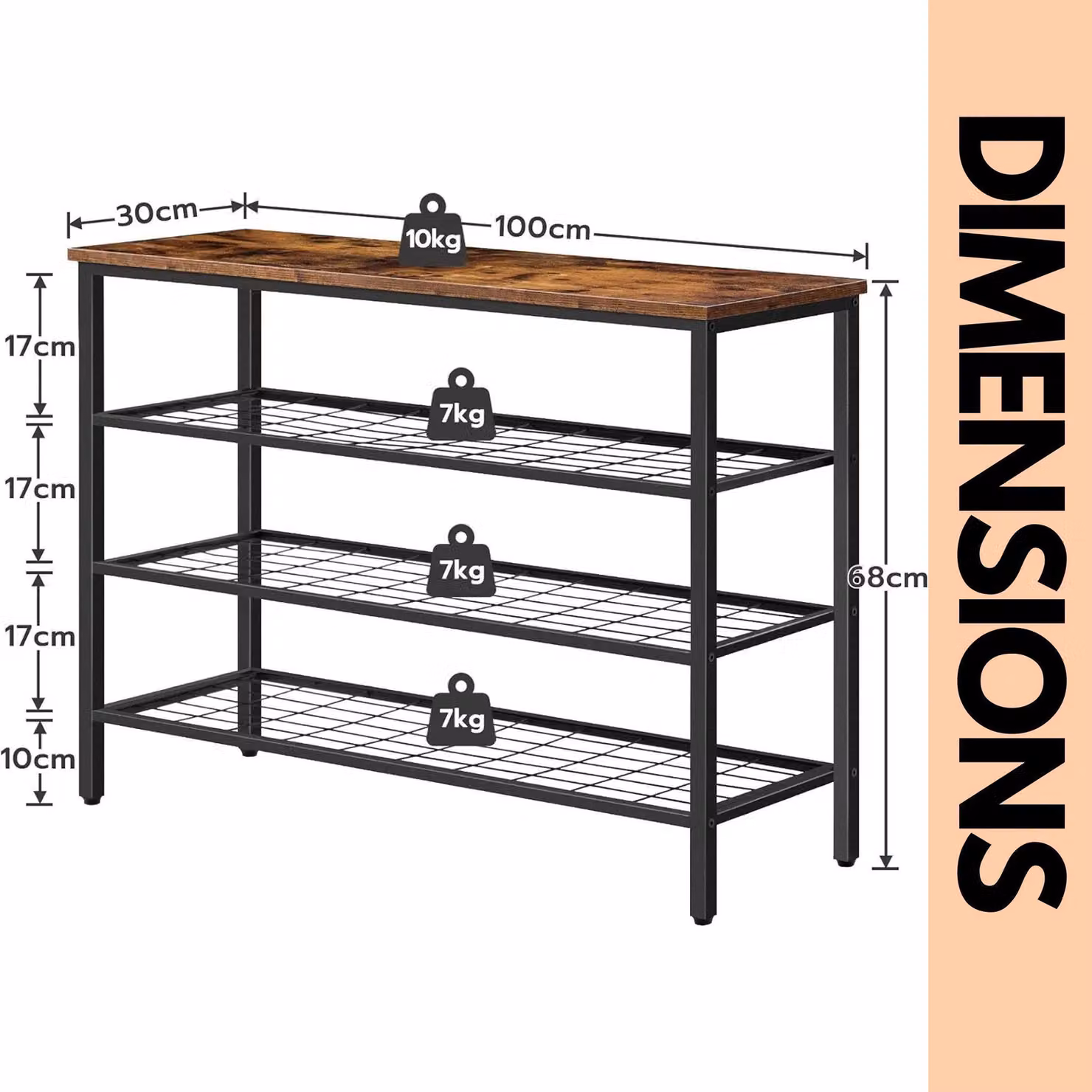 Rafaelo Mobilia 4-Tier Industrial Shoe Rack in Brown and Black, W/D/H: 68 x 30 x 10 cm – 5