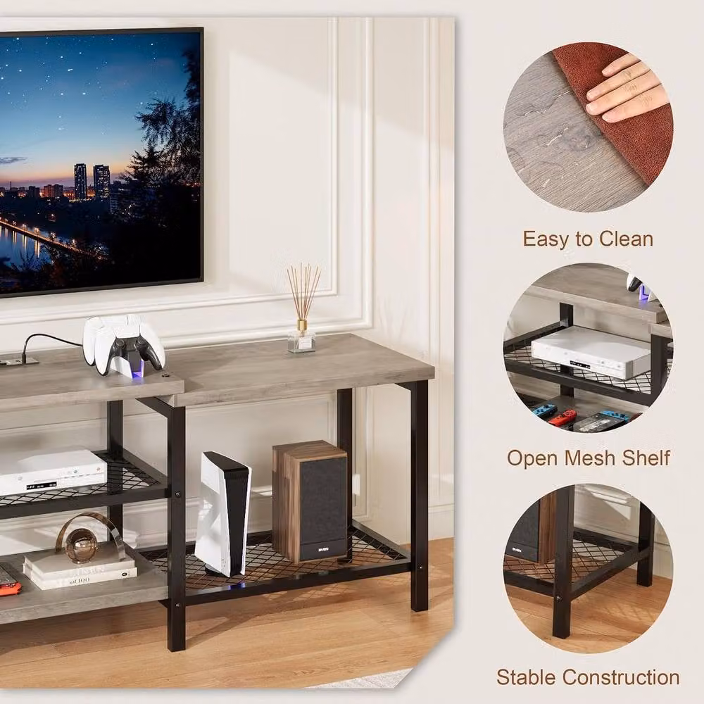 London Boutique Modern Grey and Brown Wood TV Stand with Integrated Lighting and Media Compartments for TVs Up to 75" – 4
