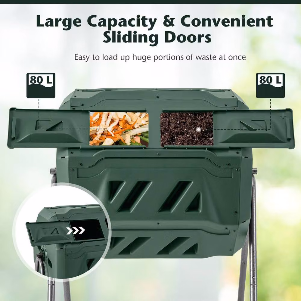 Costway Dual Chamber Composting Tumbler 160L 360 Degree Rotatable Compost Bin in Green and Black – 5