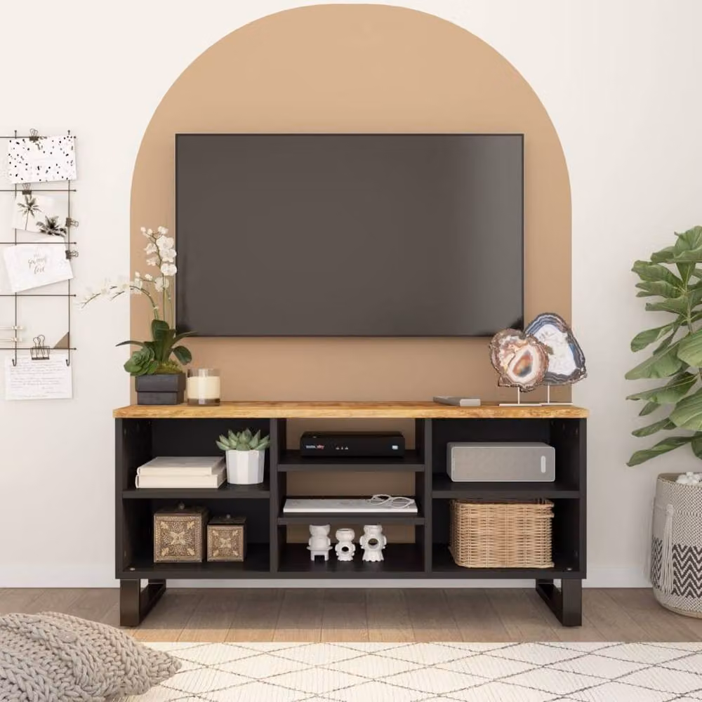 Berkfield Home Modern Black TV Cabinet in Mango and Engineered Wood, W/D/H: 100 x 33 x 46 cm – 2