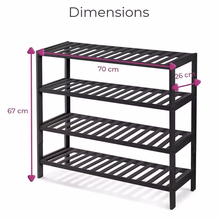 Nordara Black 4-Tier Bamboo and Metal Shoe Rack for Hallway Storage, W/D/H: 70.0 x 25.0 x 67.0 cm