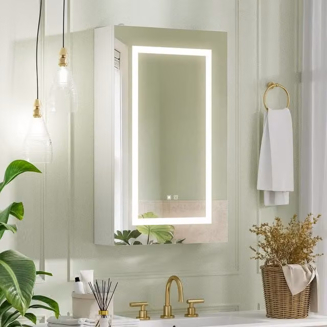 KEEPREAPER White Wall Mounted Bathroom Mirror Cabinet with 3-Colour LED Lighting, Anti-Fog Function and Sensor Switch, W/H: 40 x 66 cm – 1