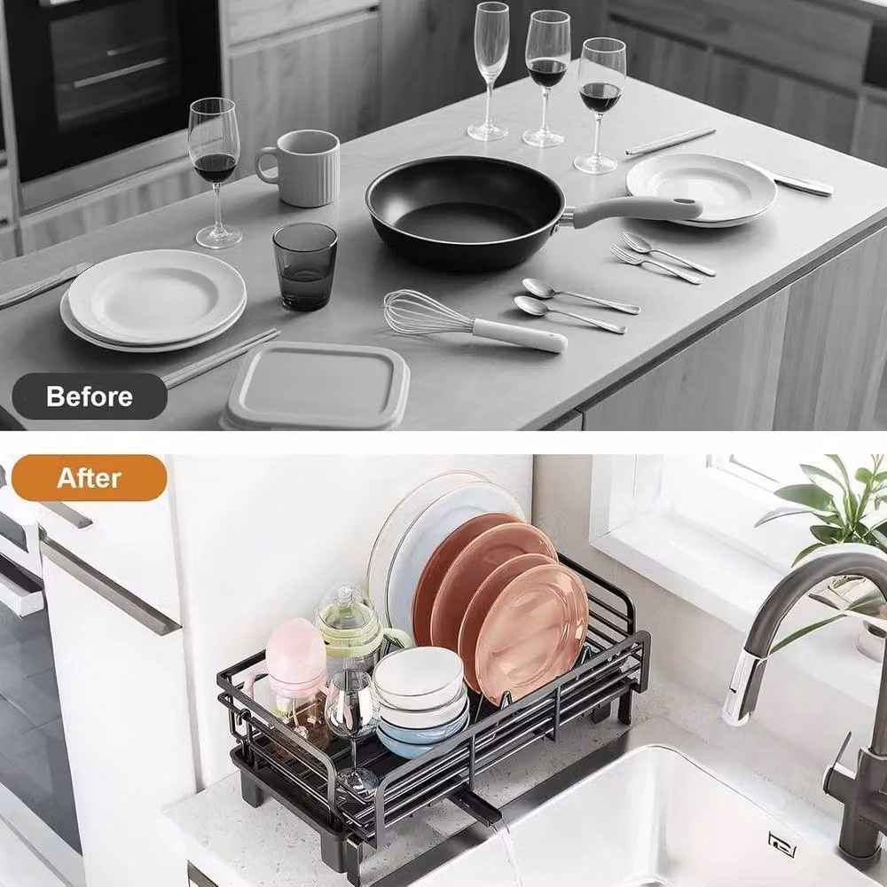 VOGREX Black Retractable Carbon Steel Dish Drainer Rack with Removable Drip Tray – 2