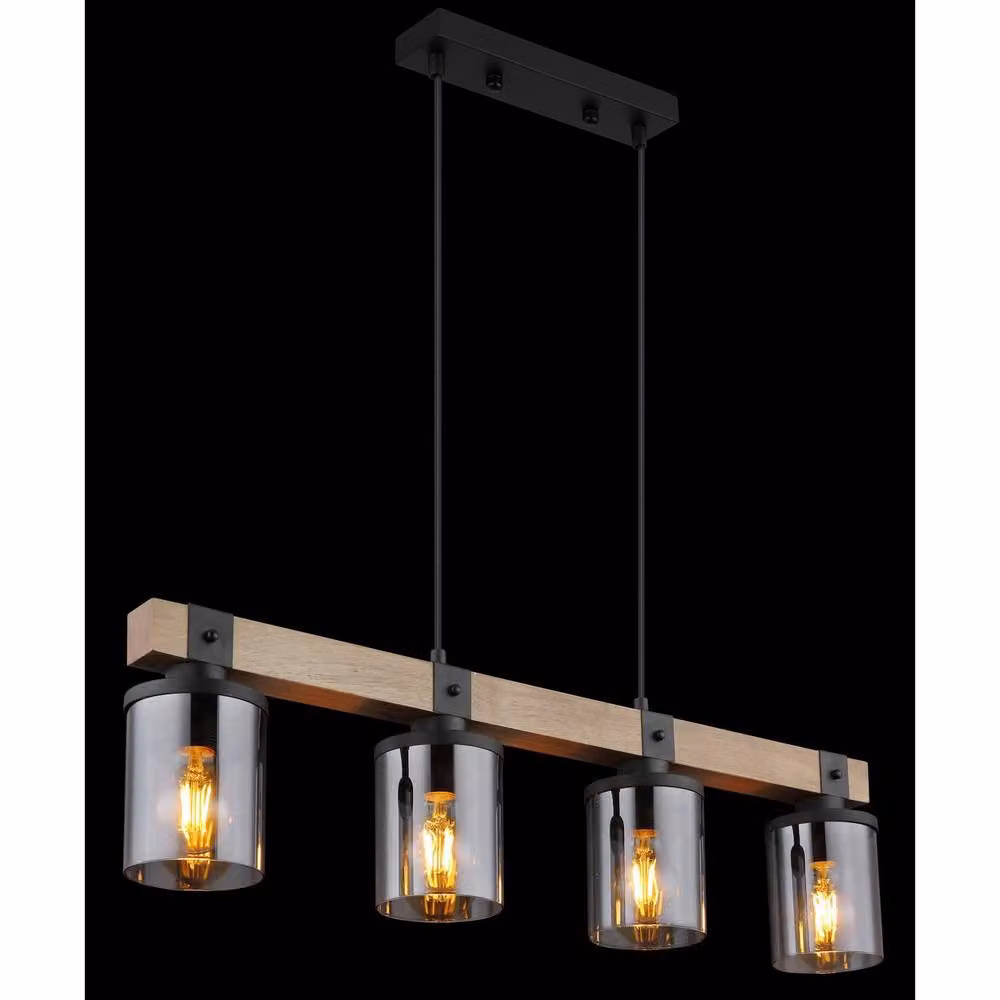 Globo Lighting Industrial Cylindrical Pendant Light with Smoky Grey Glass Shades and Wood Accents in Black and Dark Brown, Height: 133 cm, 4x E27 Bulbs – 5
