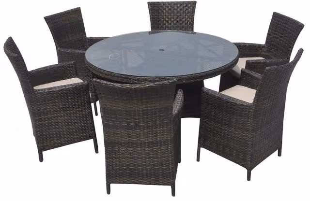 Furniture One 7 Piece Brown Polyrattan Garden Dining Set with Round Table and Cushions