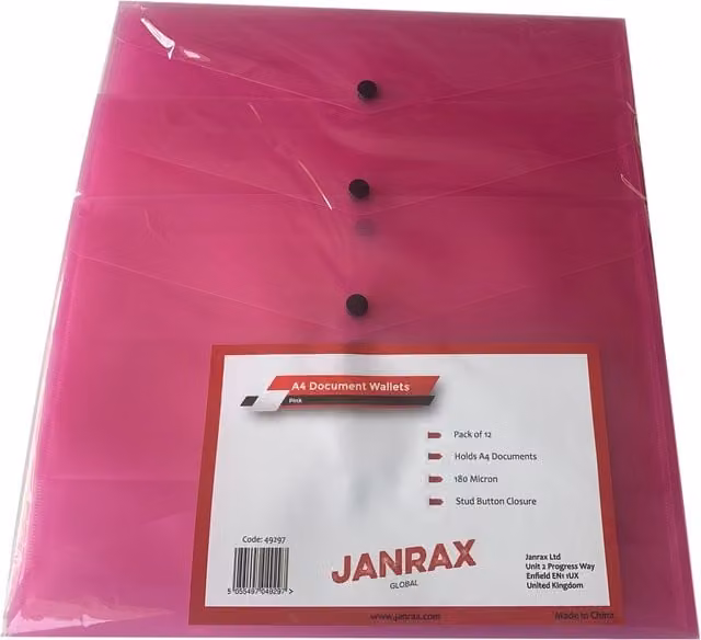 Janrax Pack of 12 A4 Red Plastic Document Wallets with Snap Button Studs