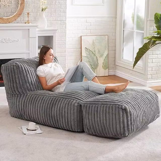 Direct Wicker Modular Bean Bag Lounge Sofa with Ottoman in Light Grey Plush Corduroy Fabric – 1