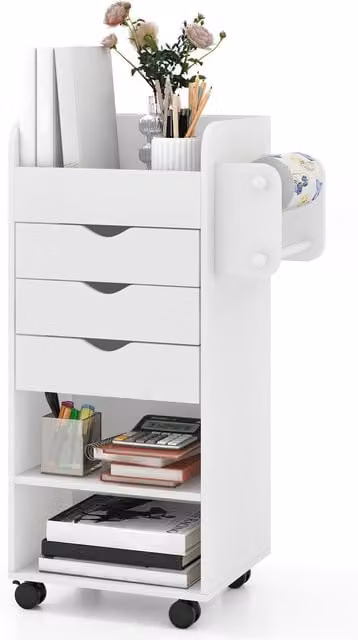 COSTWAY Modern Mobile Storage Cabinet Rolling Cart in White Metal