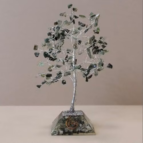 Ancient Wisdom Moss Agate Gemstone Tree with Organite Base in Green