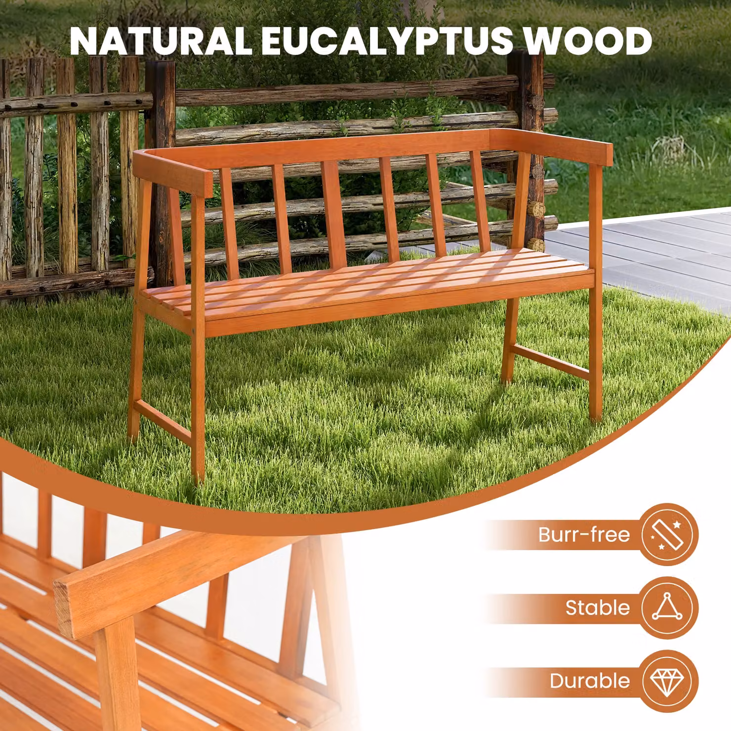 Gymax 2-Person Wooden Outdoor Patio Bench with Backrest and Armrests in Orange – 2