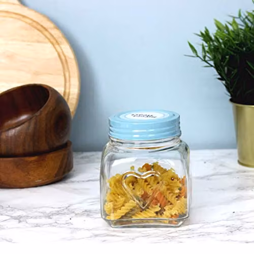 Orsina Embossed Heart Glass Jar with Airtight Blue Lid, 900ml, Transparent – 2