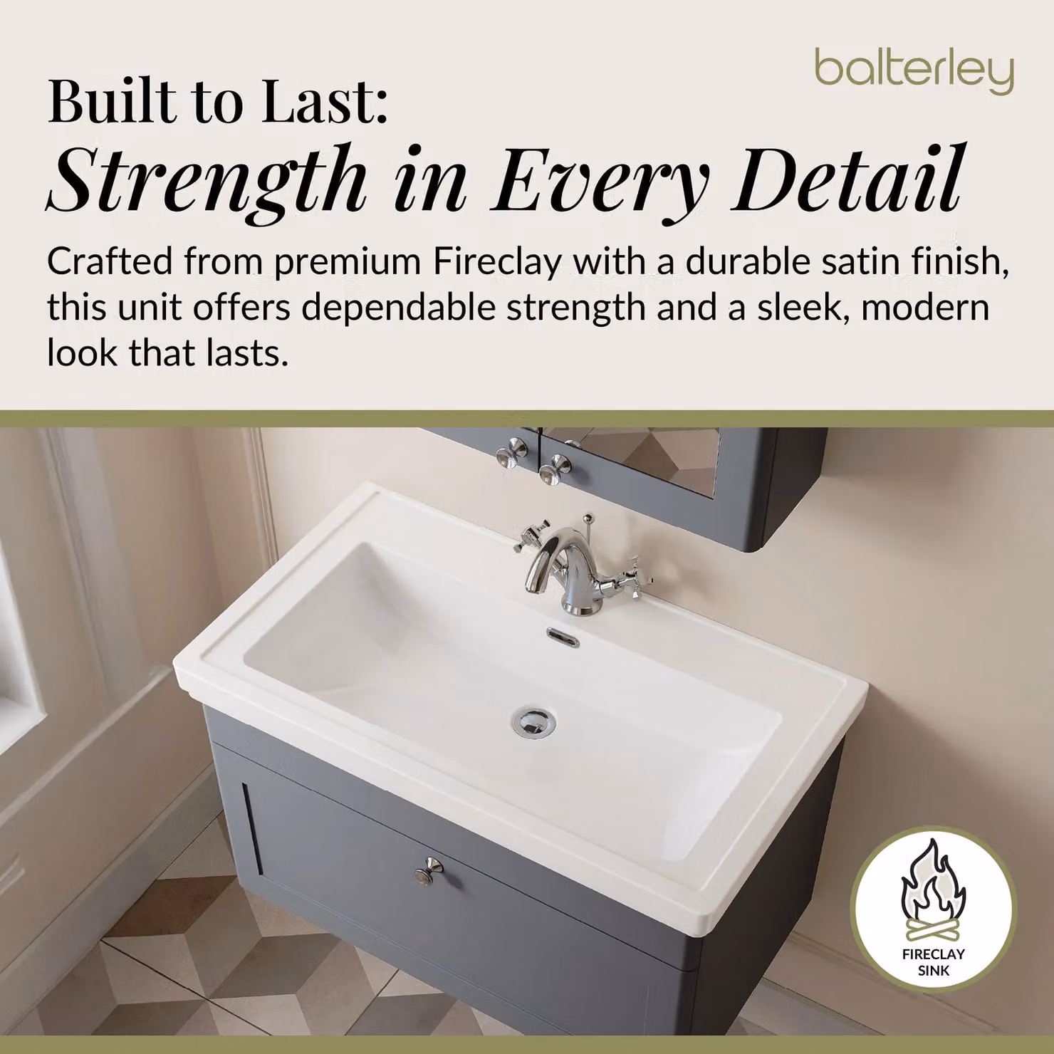 Balterley Wall Hung 1-Drawer Bathroom Vanity Unit and Fireclay Basin, Grey, Width: 80 cm – 3