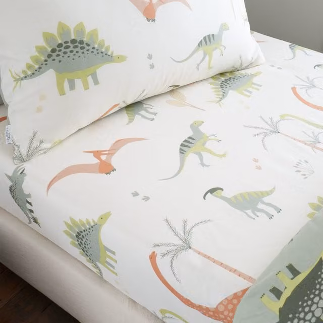 Chapter B Dinosaurs Single Bed Cotton Fitted Sheet, Natural Beige, Green and White, W/D/H: 90 x 190 cm