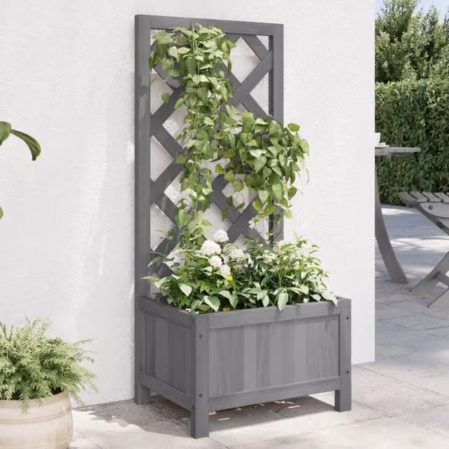 Berkfield Home Grey Solid Wood Fir Planter with Trellis – 1